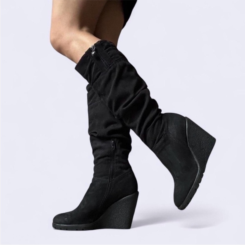 DKNYC Black Suede Knee-High Wedge Boots Size 7 USA 37.5 EU OFFERS WELCOME!